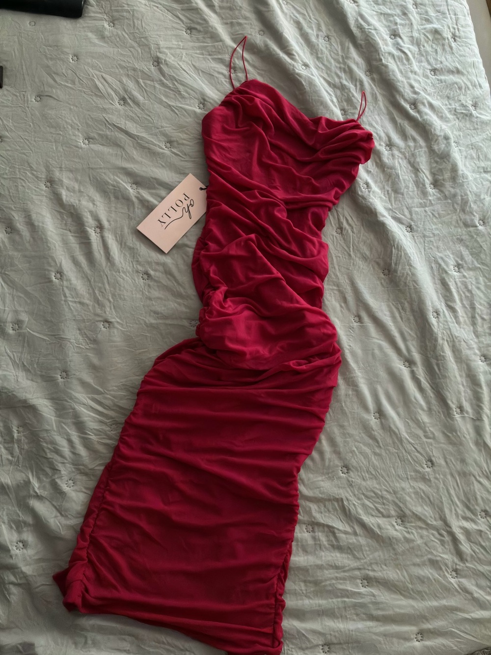 Oh Polly Hot Pink Ruched Midi Slip Dress